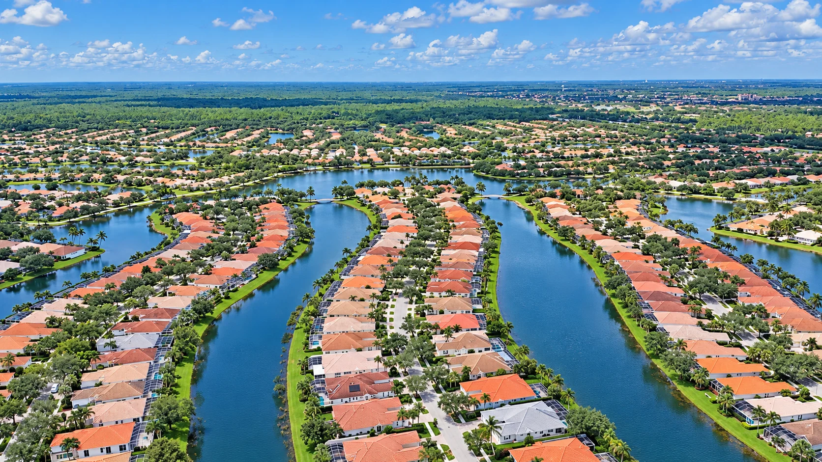 Lakes paths and bridges at Island Walk in Naples Florida